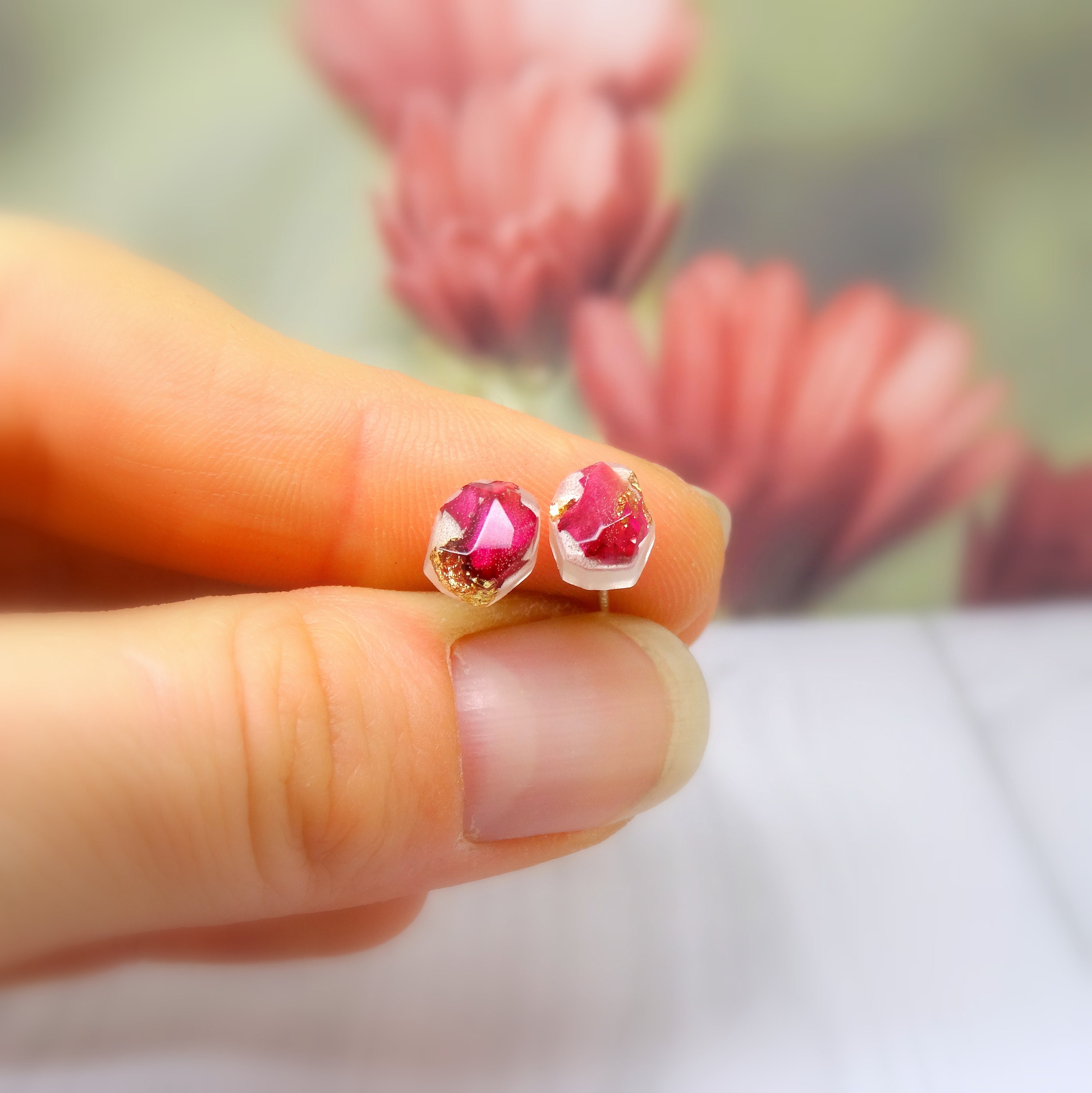 Pink Carnation earrings, real flower jewellery, sterling silver