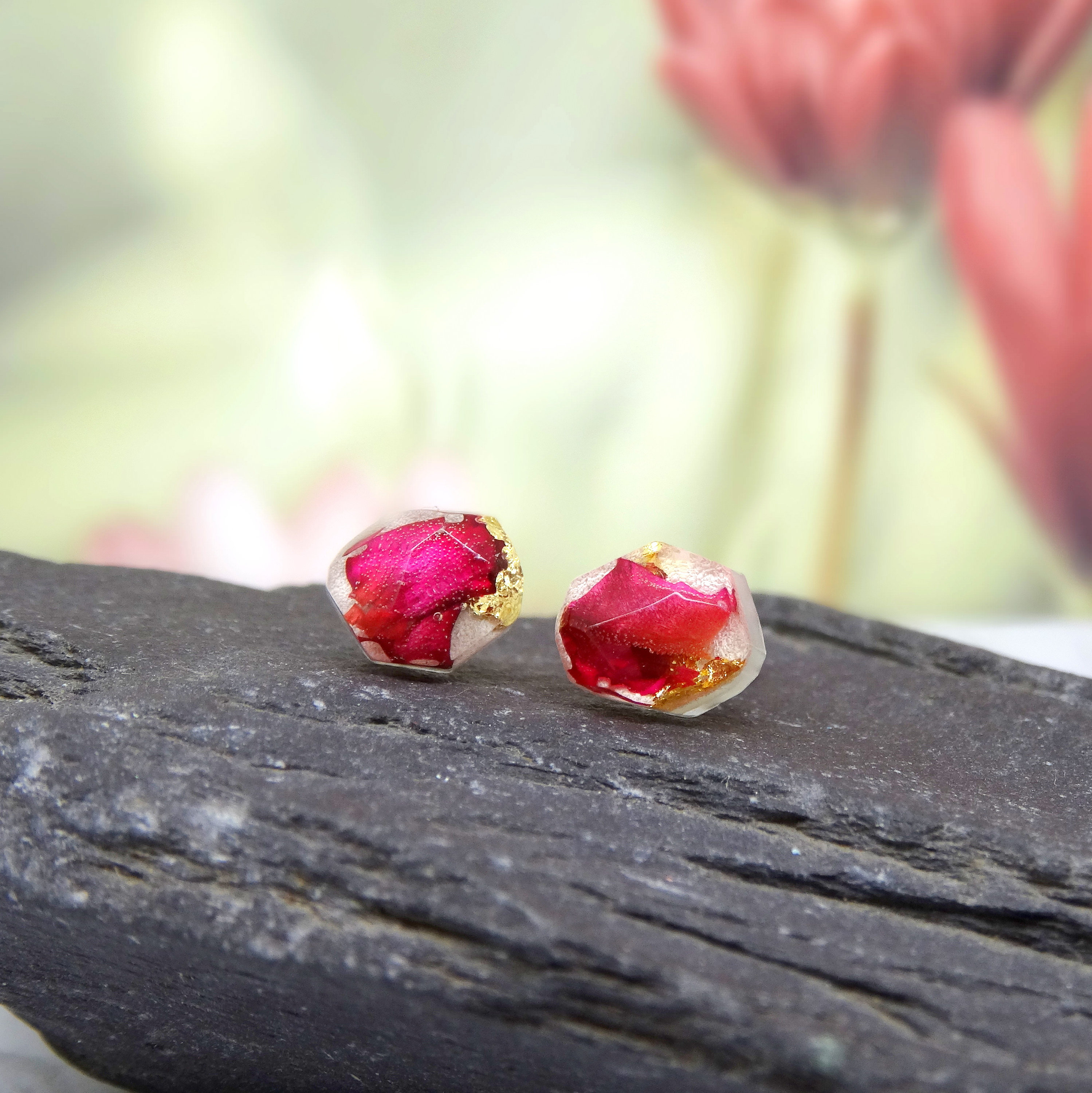 Pink Carnation earrings, real flower jewellery, sterling silver