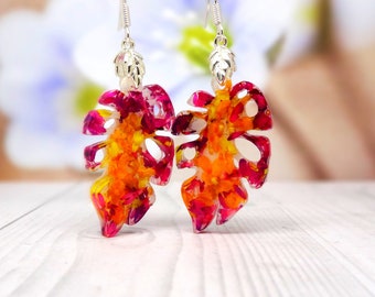 Real Flower Monstera Earrings, Sterling Silver, Natural Jewelry