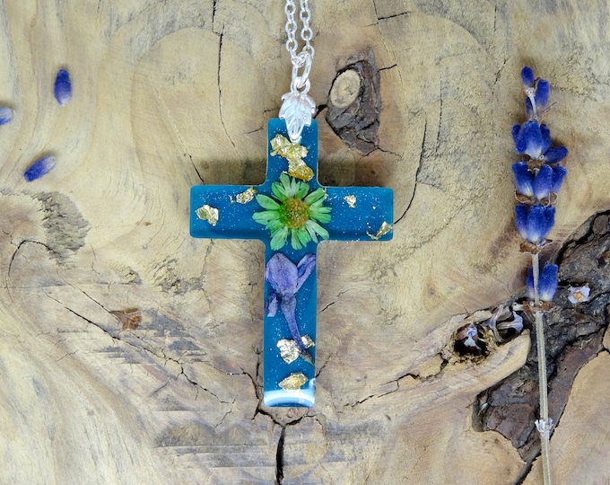 Forget me not cross necklace