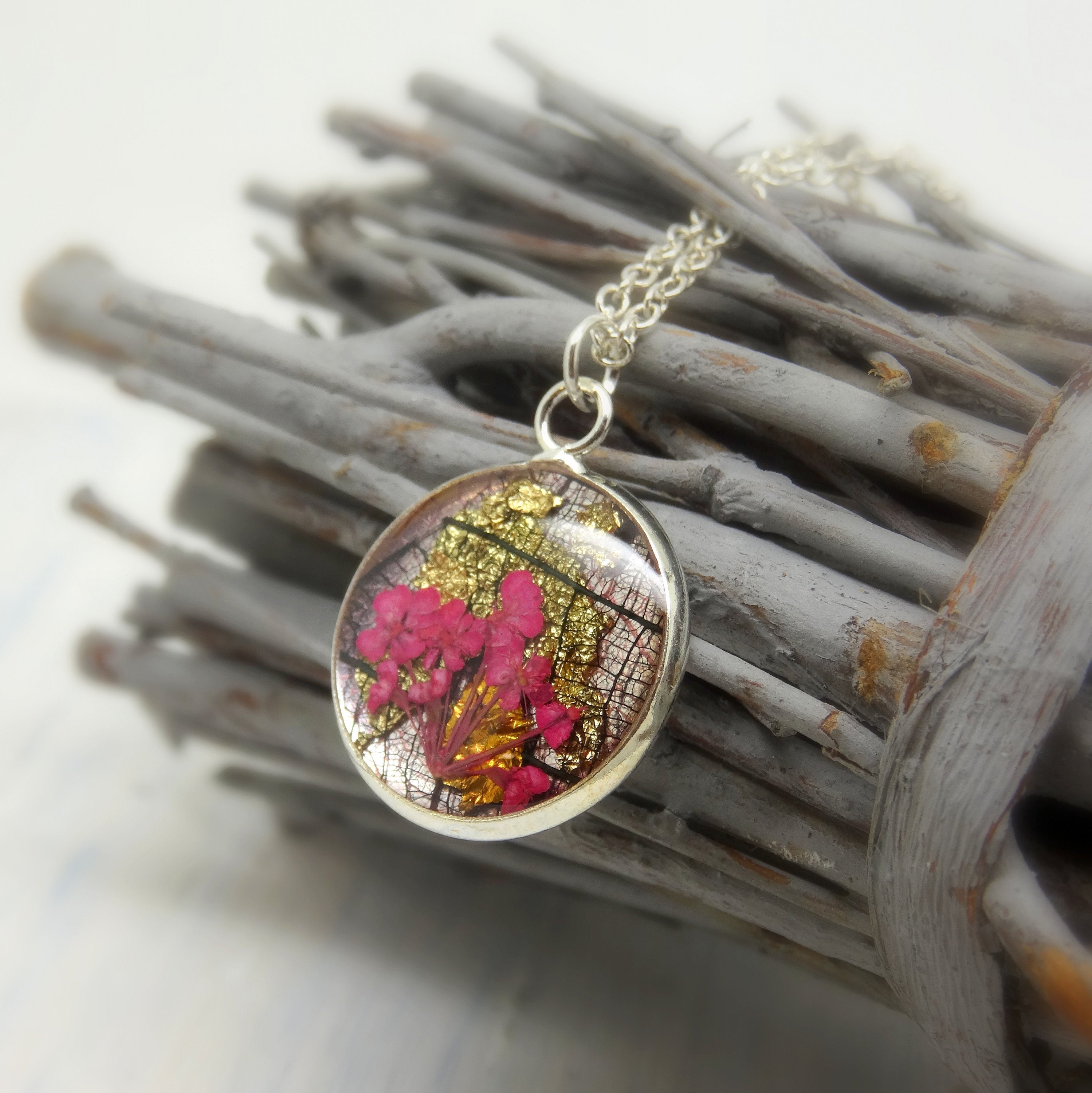 Real flower necklace, handmade necklace, resin jewellery, dry flower ...