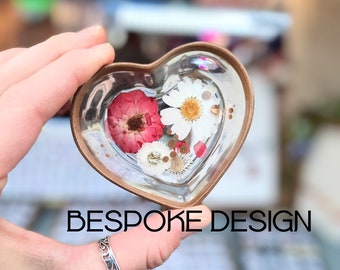 Trinket Tray with Real Flowers - Bespoke Heart Dish, Vegan Gifts, Personalised Flower Home Decor