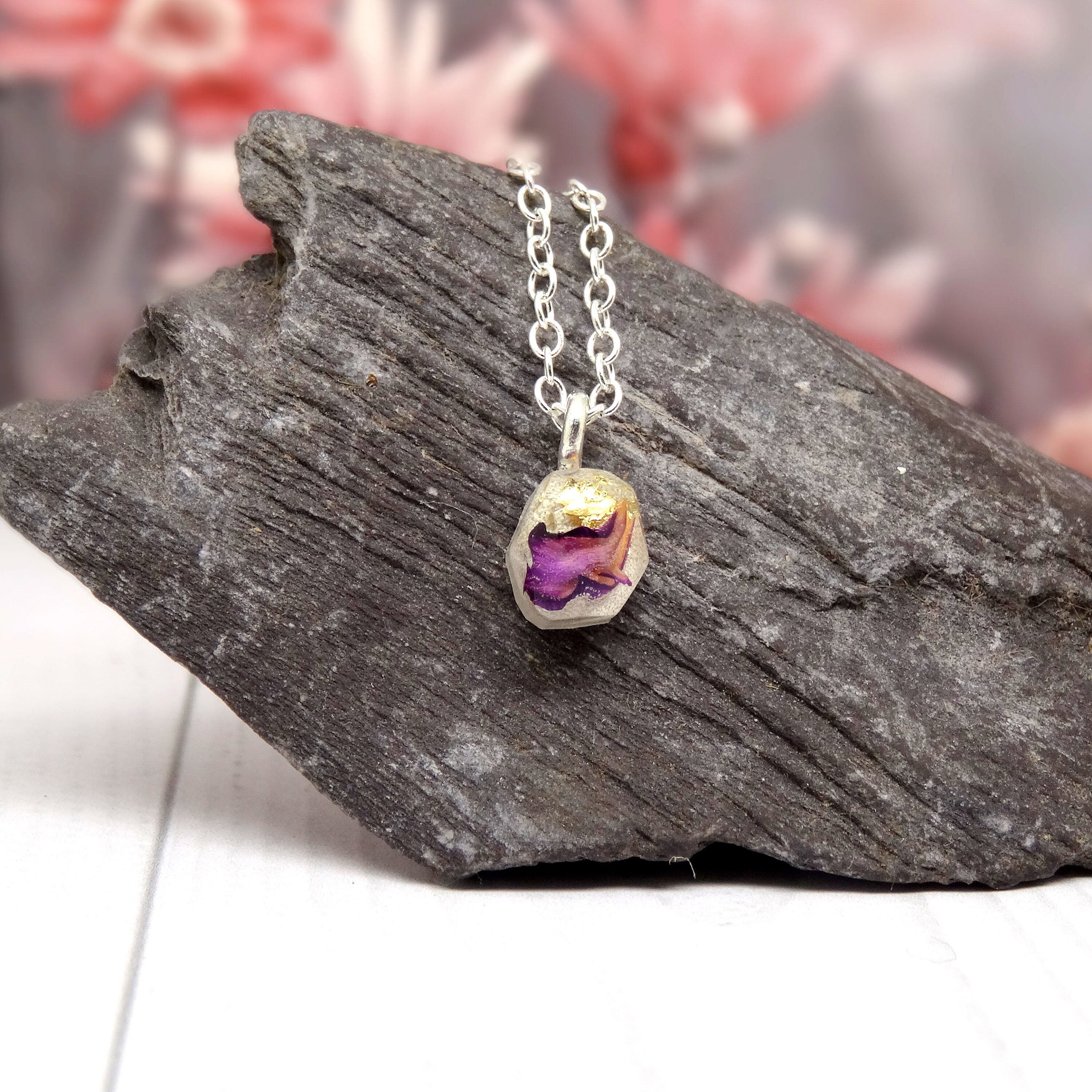 Purple Carnation necklace, real pressed flower necklace, dainty jewelry