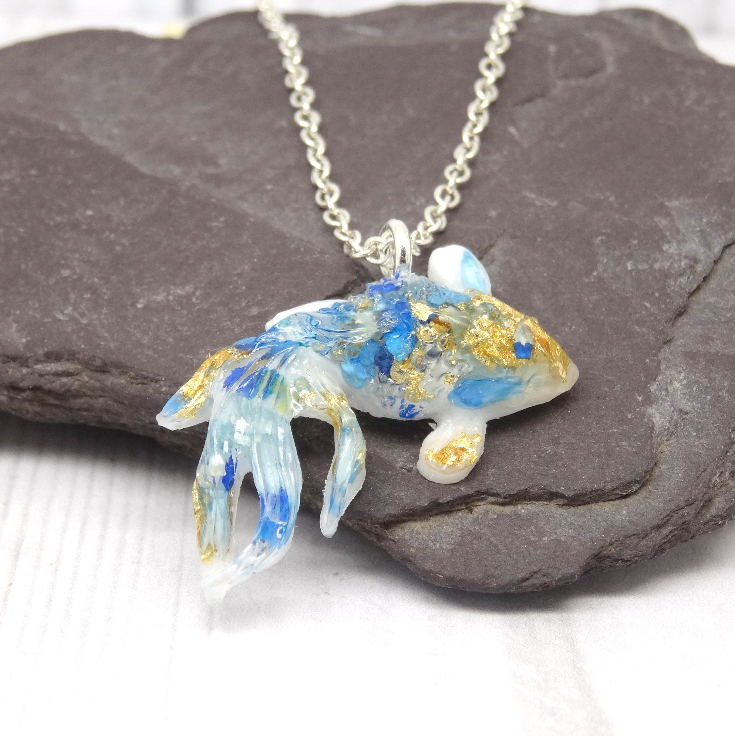 Real flower necklace, fish good luck necklace, handmade necklace, koi fish pendant, real flower