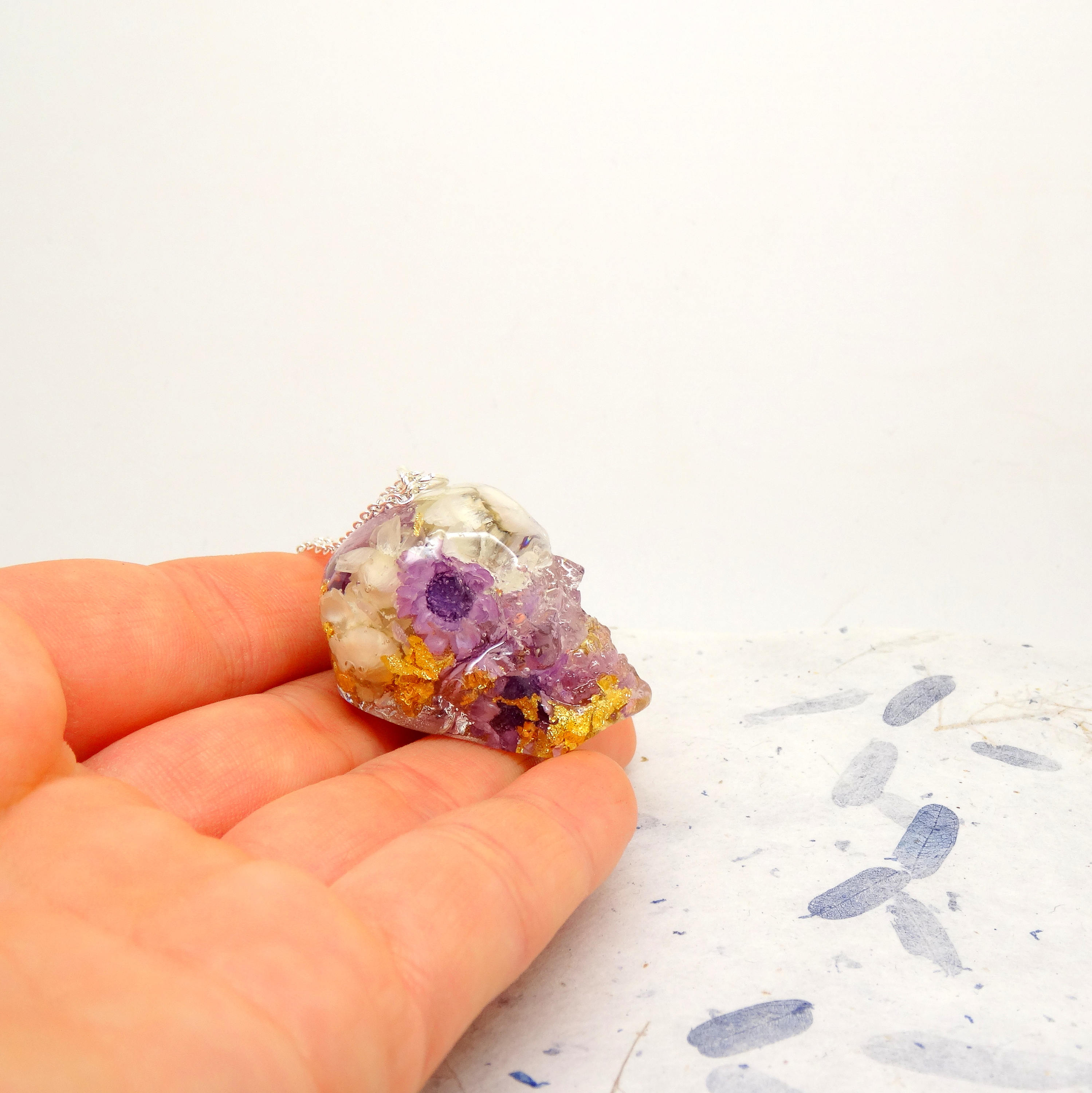 Skull necklace with real daisy, real flower necklace, handmade