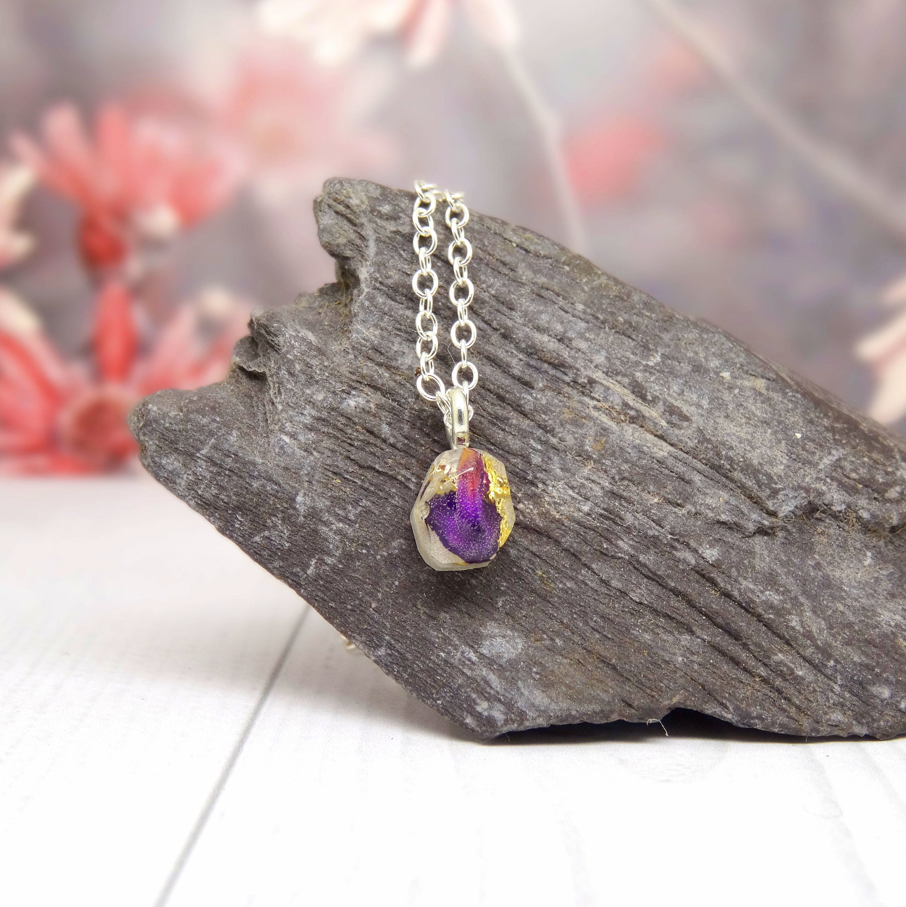 Purple Carnation necklace, real pressed flower necklace, dainty jewelry