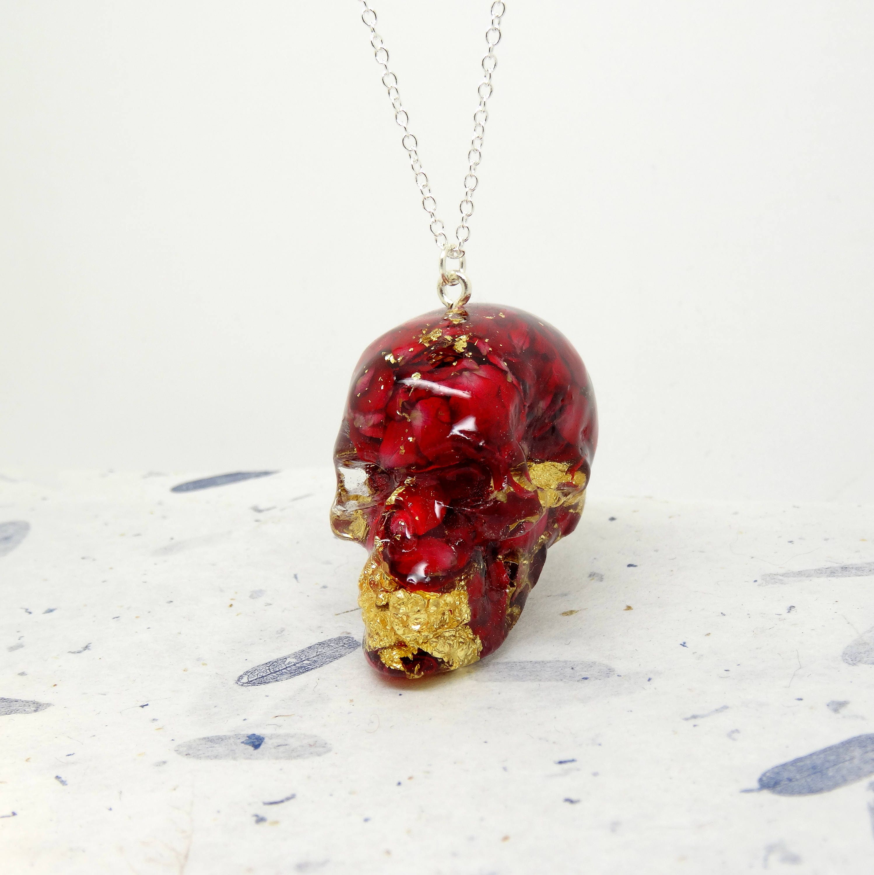 Skull necklace with rose petals, real flower necklace, handmade