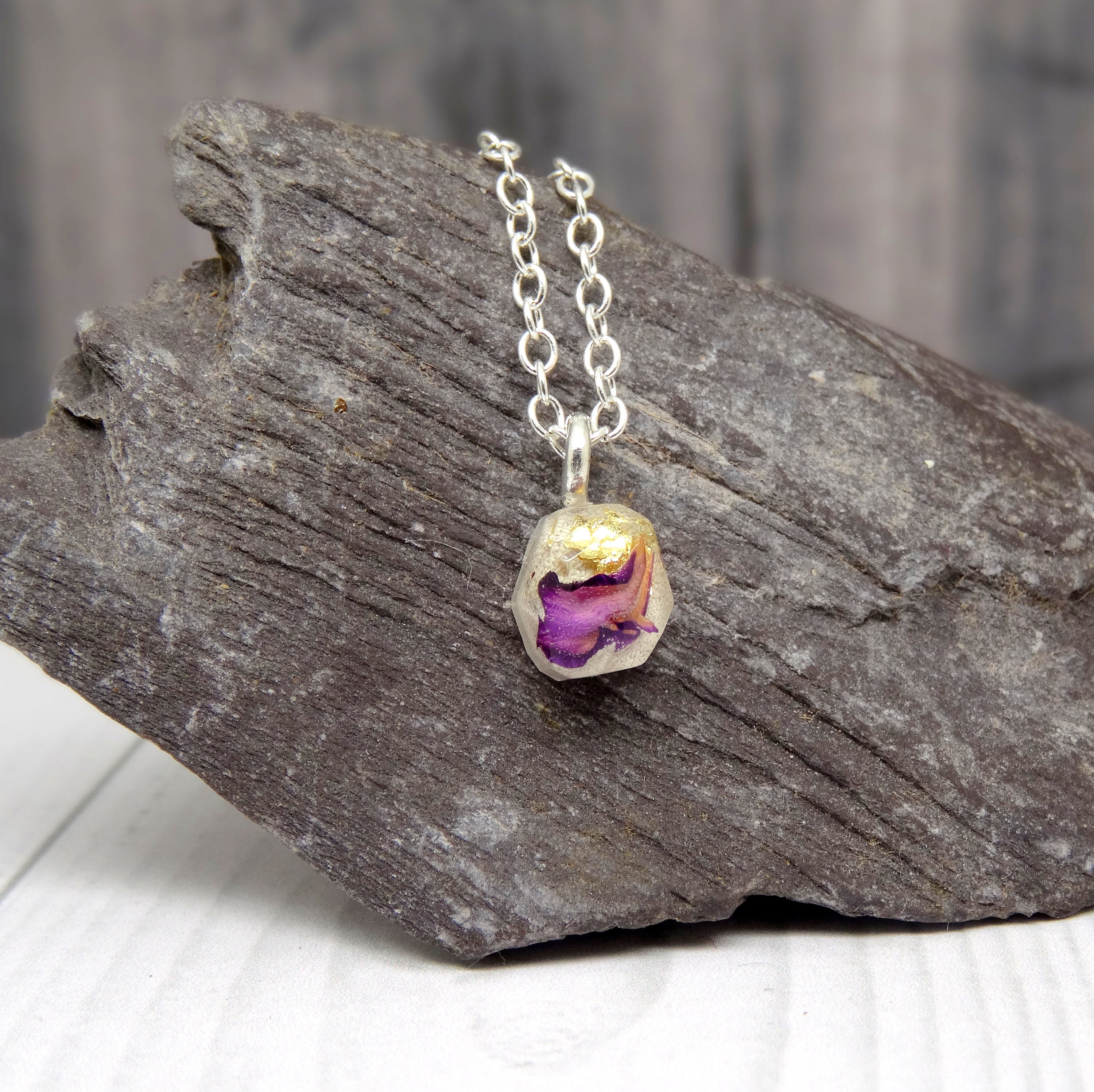 Purple Carnation necklace, real pressed flower necklace, dainty jewelry