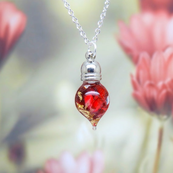 Real Rose Petal Necklace, Teardrop Resin Pendant, Sterling Silver Chain