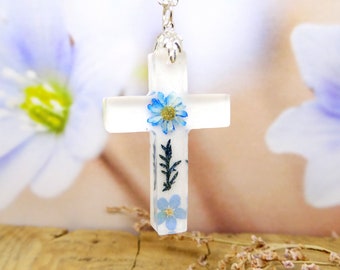 Forget Me Not Cross Necklace, Sterling Silver, Pressed Flower Jewelry
