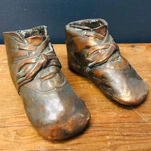 Antique 1939 Pair of Bronze Dipped Baby Shoes w Copper Patina, Unique