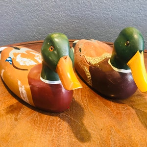 Vintage PAIR of Japanese Wood Mallard Duck Decoys, Hand Carved & Painted Folk Art Duck Decoys