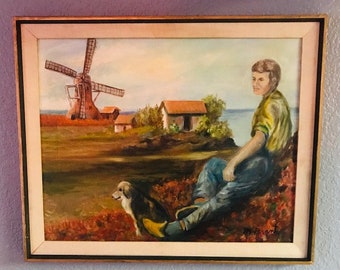 オランダ風車村 油絵　風車と人 Oil 初めてのオランダ F6(31×41㎝) canvas on 絵画
