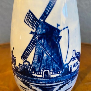 Vintage Hand Painted Delft-Blauw Vase Featuring Windmill and Ships Made in Holland