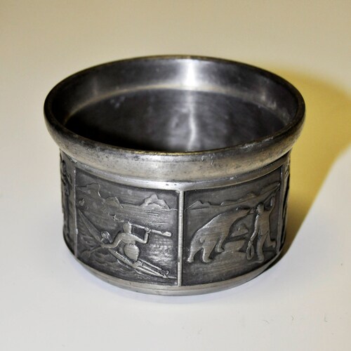 Groenlandica Norway Tinn Pewter Set W 3-D shops Sailing-Fishing-Hunting-Dancing-Fighting Scenes