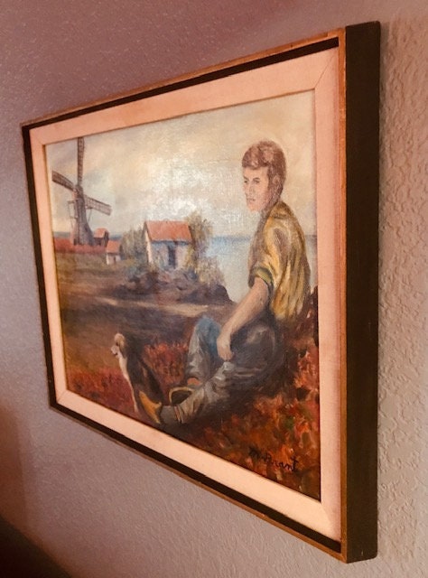 ヴィンテージのオランダの風車の油絵：サイン入り印象派額入りアート