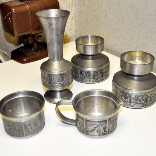 Groenlandica Norway Tinn Pewter Set W 3-D shops Sailing-Fishing-Hunting-Dancing-Fighting Scenes