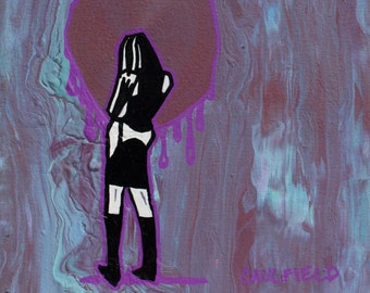 May include: A black and white illustration of a person with a large purple circle behind them. The circle has purple drips coming from it. The background is a purple and blue abstract painting. The artist's signature is in purple in the bottom right corner.