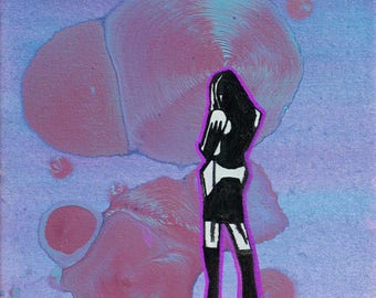 May include: A black and white silhouette of a person standing in front of a purple background with pink and blue abstract shapes.