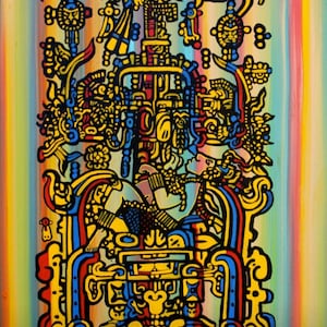 Könnte beinhalten: Ein farbenfrohes, kunstvolles Gemälde, das eine stilisierte Figur zeigt, die auf einer thronartigen Struktur sitzt. Das Kunstwerk zeichnet sich durch eine lebendige Farbpalette aus Gelb, Rot, Blau und Schwarz aus, mit aufwendigen Details und geometrischen Mustern. Die Figur ist mit aufwendigen Schmuck und Kleidung geschmückt, und der Thron ist mit symbolischen Motiven verziert.