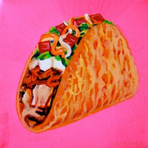 May include: A painting of a taco on a pink background. The taco is filled with meat, lettuce, and cheese. The taco shell is a golden brown color.