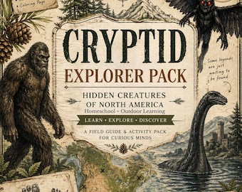 May include: A Cryptid Explorer Pack printable activity pack with illustrations of Bigfoot, the Loch Ness Monster, and the Mothman. The cover includes text that reads "Hidden Creatures of North America" and "Learn, Explore, Discover."