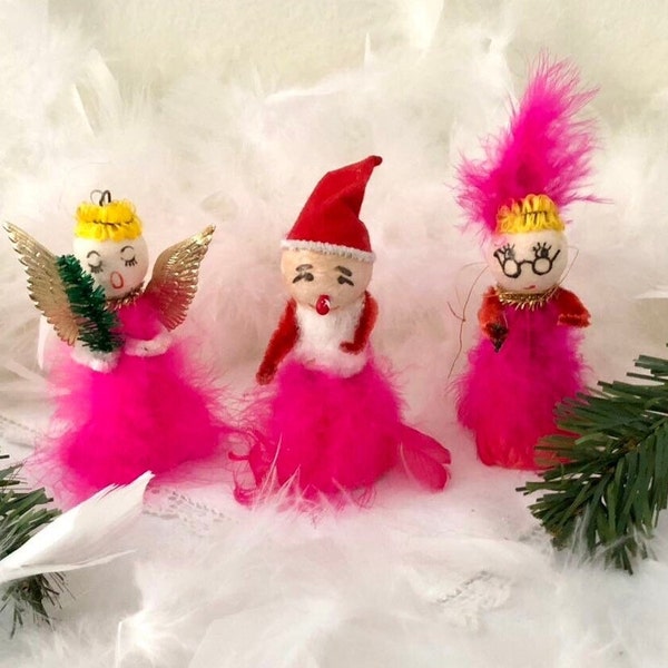 Vtg.Xmas.3 Spun Cotton Head Ornaments.Angel.Santa+Mrs.Claus.HOT PINK feathers! MCM Holiday.Gift Idea