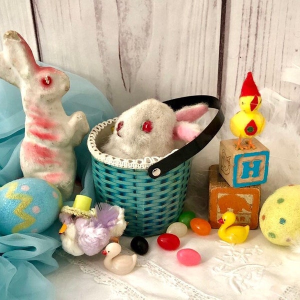 Vtg 50'sToy Wind-Up Bunny in Basket.Easter Collectible.Retro.MCM FuN! Gift