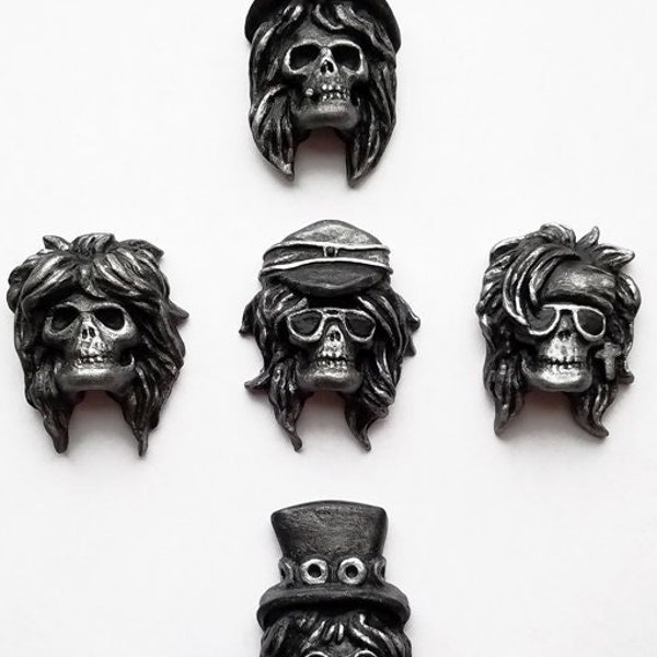 set of 5 handmade Guns 'N Roses inspired resin skull pins