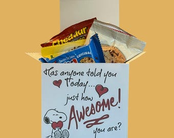 May include: A white gift box filled with snacks, including a bag of cheddar crackers and chocolate chip cookies. The box features a Snoopy graphic and the text "Has anyone told you today... just how Awesome! you are?"