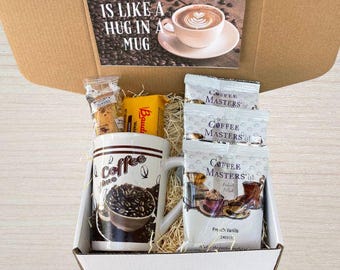 Coffee Gift Basket – Coffee Mug Gift Set with Gourmet Coffee, Biscotti & Wafer Cookies – Cozy “Hug in a Mug” Comfort Gift for Any Occasion