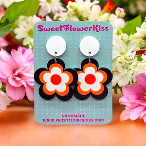 Retro flower power earrings, black, white and orange acrylic daisies, 60s MOD statement earrings, Handmade groovy, Jewelry gift