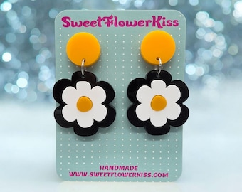Retro Flower Earrings, 60s Mod Daisy Acrylic Statement Jewelry, Gift for her