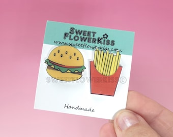 Handmade Burger and Fries Acrylic Earrings, Kawaii Food Jewelry Set