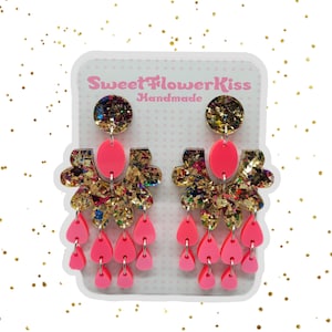 Gold glitter and pink Chandelier earrings Flower earrings Flower earrings Acrylic earrings Pastel earrings