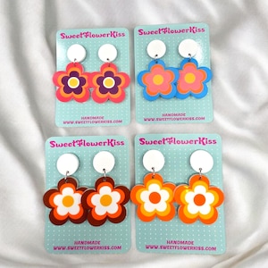 Retro flower power earrings, Acrylic daisies, 60s MOD statement earrings, Handmade groovy, Jewelry gift