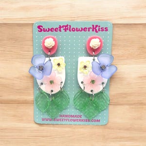 Handmade Acrylic Flower and Leaf Earrings with Rhinestone Accents – Lightweight Statement Jewelry