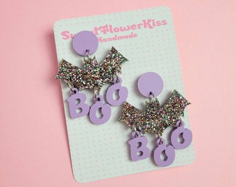Bat Earrings, Acrylic Earrings, Boo earrings, Halloween earrings