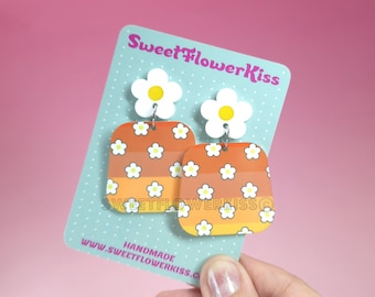 Handmade Daisy Acrylic Earrings, Retro 60s Flower Power Statement Jewelry, Gift for her
