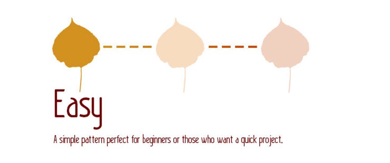 May include: A graphic showing three leaves in a row, with a dashed line connecting them. The first leaf is a dark orange, the second is a light orange, and the third is a light pink. The text "Easy" is below the leaves, and the text "A simple pattern perfect for beginners or those who want a quick project." is below the text "Easy".