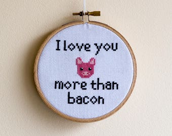 PATTERN- I Love You More Than Bacon Cross Stitch Pattern - PDF - instant download - Small easy pattern 4" cute pig text