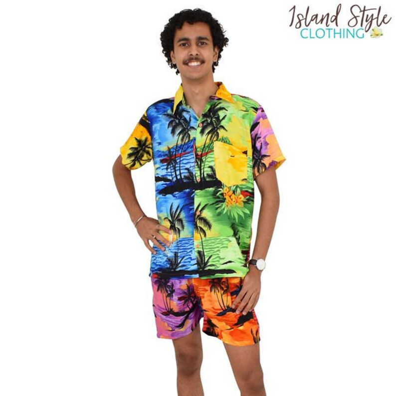 Sunset Patchwork Mens Hawaiian Shirt & Shorts Party Set Cabana Etsy