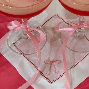 Pink Bow Hand Embroidered Linen Cocktail Napkin Coasters Set