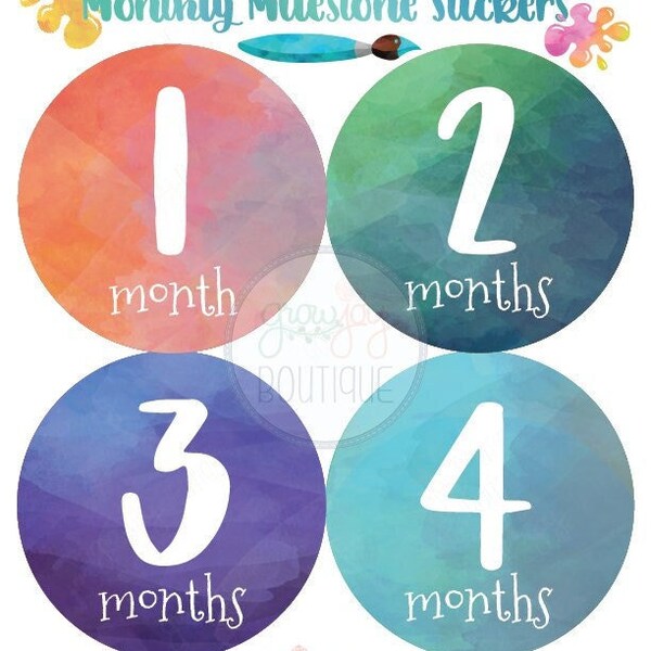 Watercolor Milestone Month Stickers, White Text, Baby Monthly Stickers, UNISEX, Baby Boy or Girl, Baby's First year Stickers, 1-12 Months