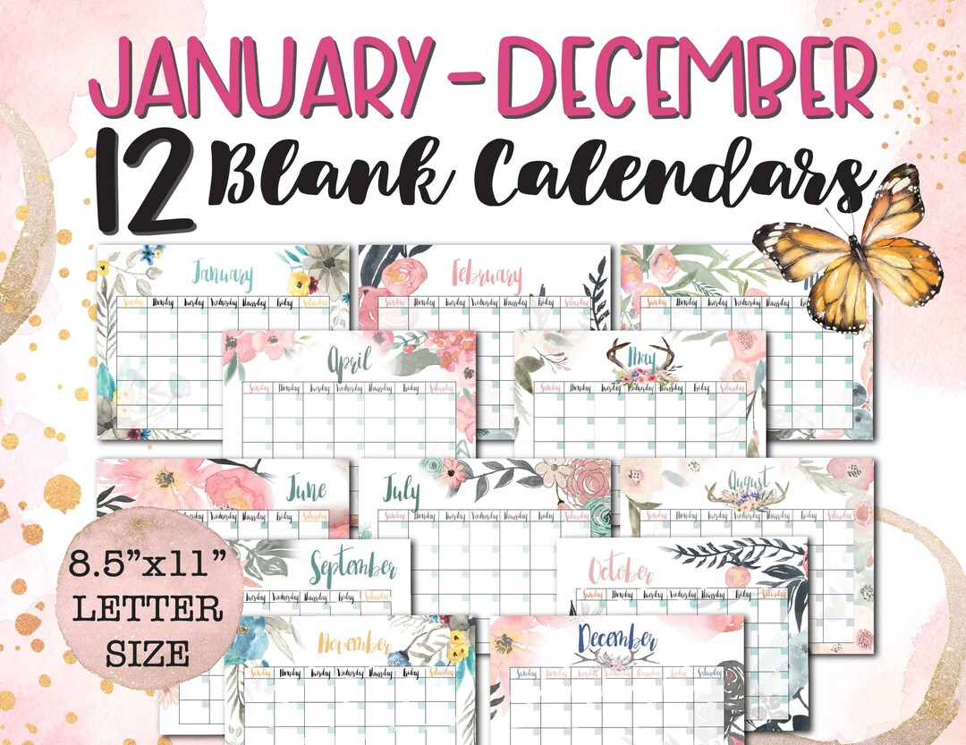 BLANK YEAR CALENDAR, Printable 8.5x11 Calendar, 12 Months, One Year ...