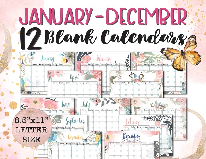 BLANK YEAR CALENDAR Printable 8.5x11 Calendar 12 Months ...