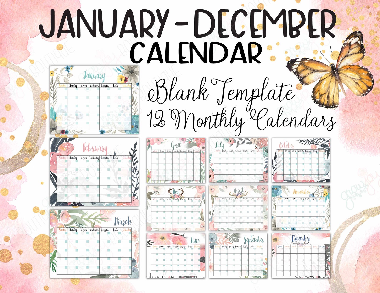 BLANK YEAR CALENDAR Printable 8.5x11 Calendar 12 Months One - Etsy