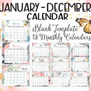 BLANK YEAR CALENDAR, Printable 8.5x11 Calendar, 12 Months, One Year ...