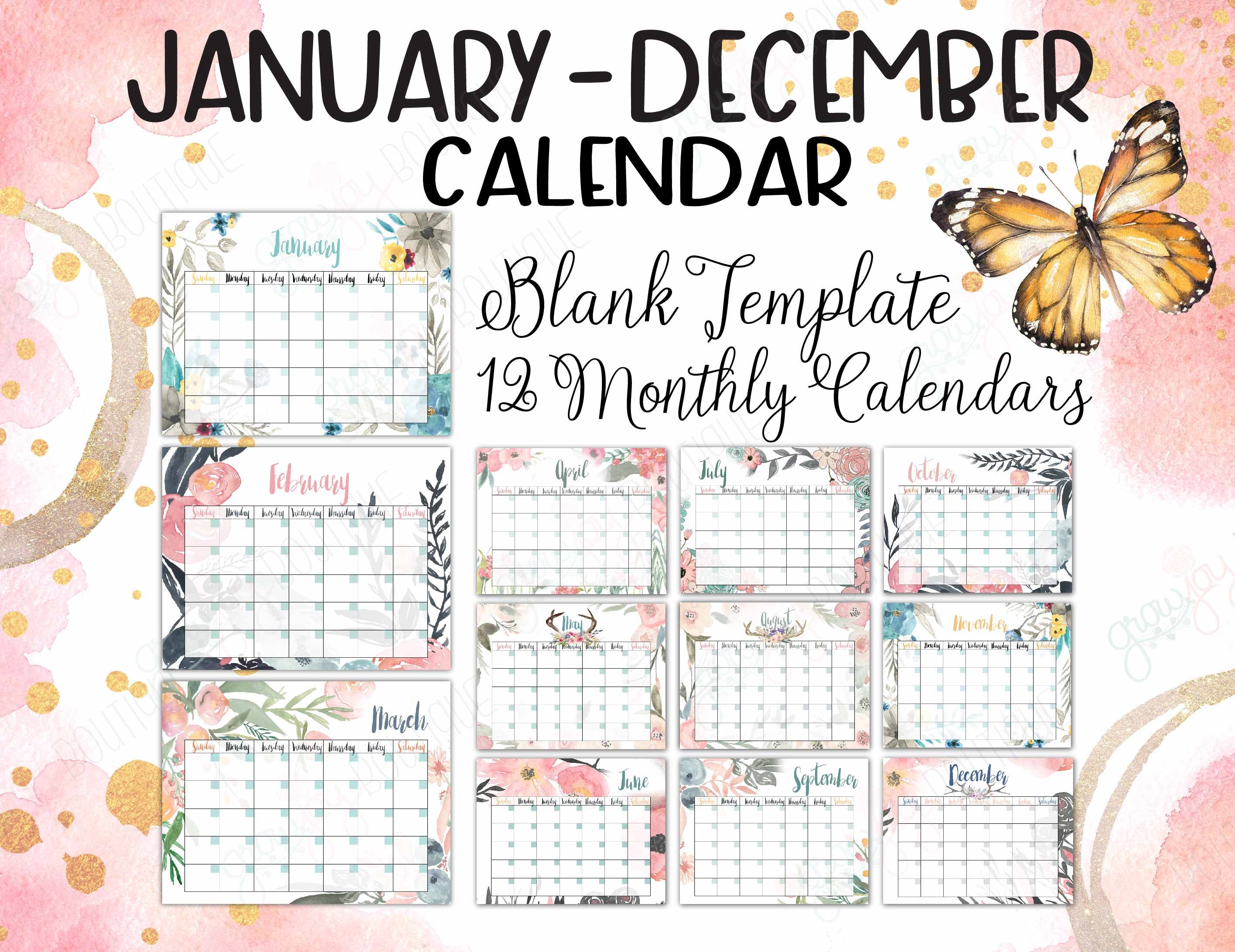 BLANK YEAR CALENDAR Printable 8.5x11 Calendar 12 Months One - Etsy