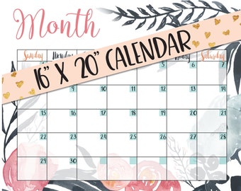 PRINTABLE 16"X20" Calendar - Blush Pink Grey Black Watercolor Floral - Instant Download - 16x20 Digital Calendar, Flowers, Blank Template